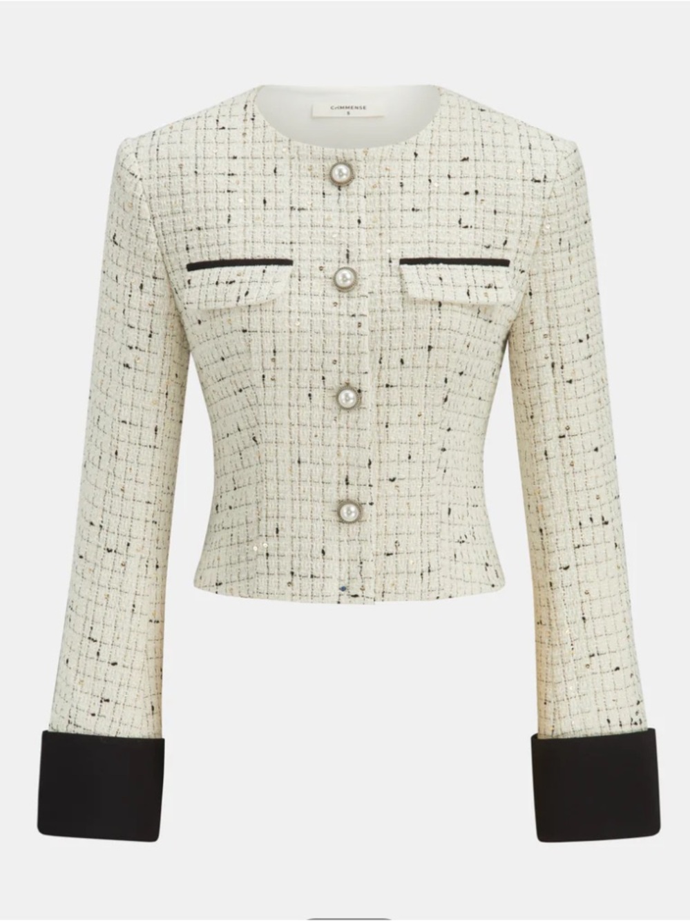 Contrast Cuff Pearl Button Tweed Jacket